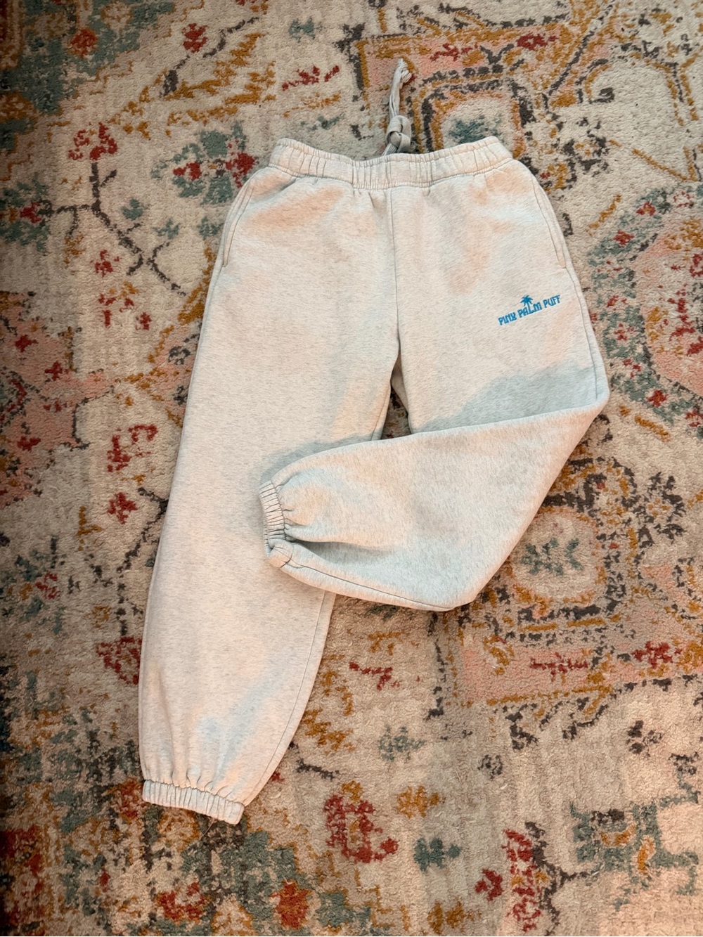 Pink palm Puff Sweatpants in Heather White
